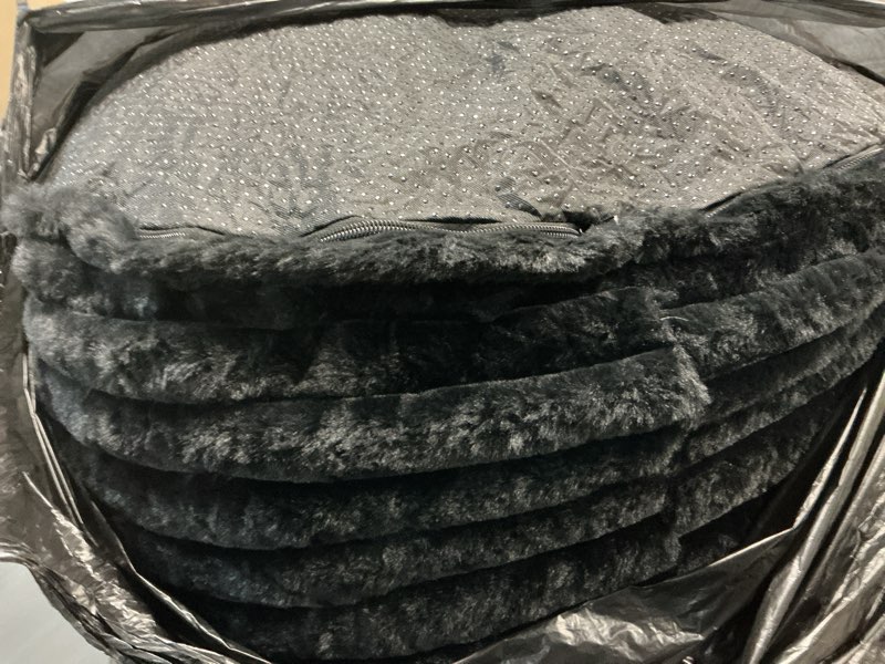 Condition photo showing Good Condition for HIGOGOGO Round Stuffed Pouf Ottoman, Stripe Faux Fur Poufs with Foam Chunk Filling, Furry and Fluffy Pouf Foot Stool Storage Ottoman, 26 X 18 Floor Poufs Foot Rest for Living Room, Black 26 inch Black