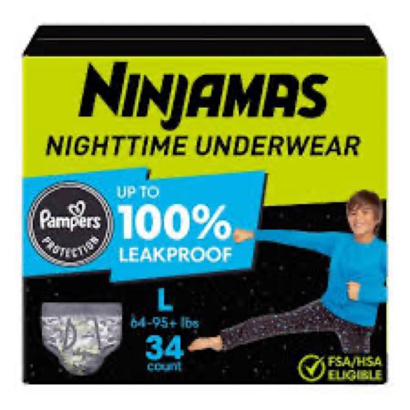 Ninjamas Girls Bedwetting Nighttime Underwear, Size L (64-95+ lbs), 34 Count, Overnight Protection, Ultra Absorbent, Hypoallergenic