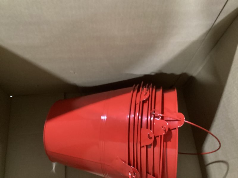 Condition photo showing As Is for obtanim 7 pack red metal buckets with handle galvanized ice pails for plants, succulents, party favors organizing, rustic home decor or classrooms pencil storage (7.1 x 5.2 inch) 7.1 x 5.2 inch red