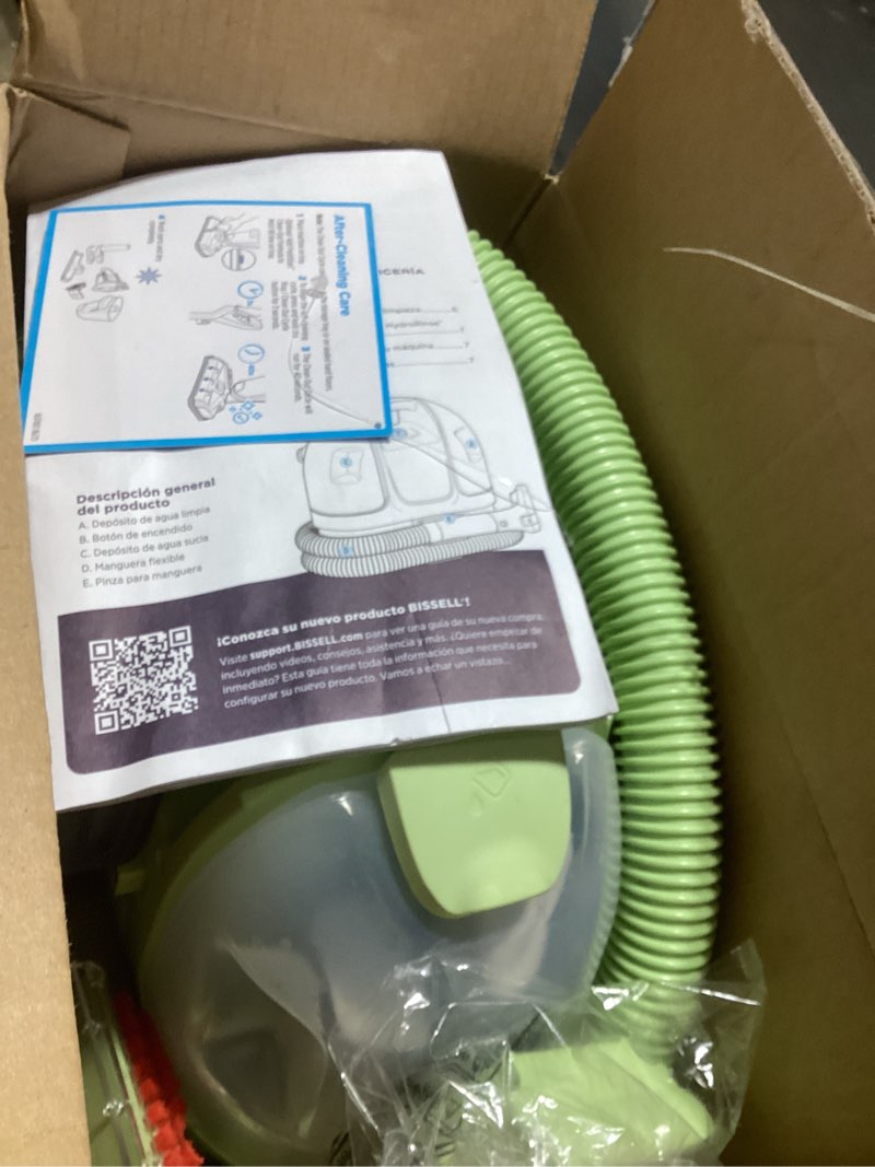 Condition photo showing Good Condition for bissell little green mini portable carpet and upholstery deep cleaner, car/auto detailer, with hydrorinse self-cleaning tool and 4" tough stain tool, tea green, 4075