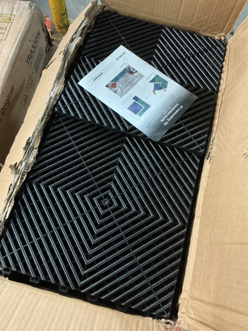 Condition photo showing Good Condition for 36-Pcs Interlocking Tile, 12" x 12" Indoor/Outdoor Self-Drainage Interlocking Floor Tiles, Non-Slip Heavy-Duty Polypropylene Splicing Flooring Tile for Garage Patio Pool Bathroom, Black Black 36-Pack