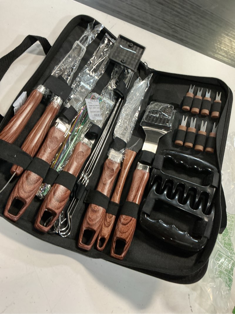 Condition photo showing Good Condition for romanticist 27pcs heavy duty grilling gifts for men dad fathers day, extra thick bbq accessories tools set, stainless steel grill utensils kit with meat claws,canvas bag for outdoor camping brown brown1