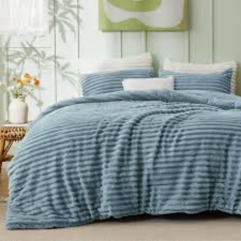 bedsure fluffy comforter set california king - super soft faux fur bed set mineral blue, warm plush 