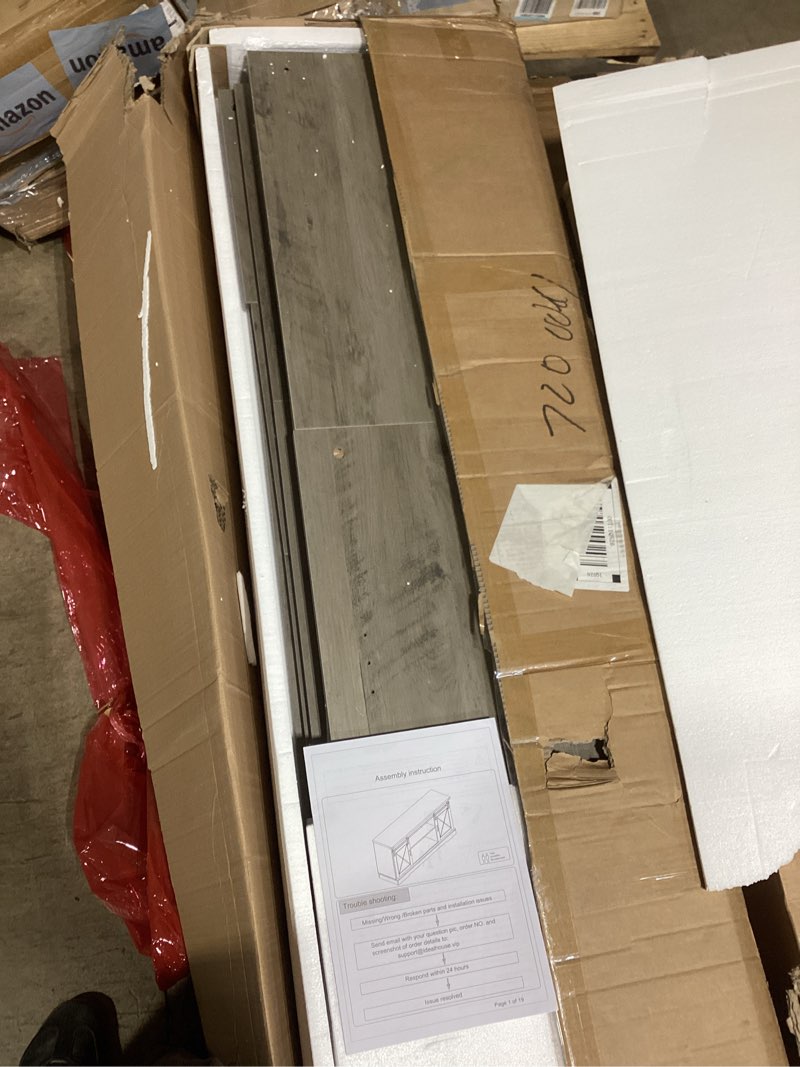 Condition photo showing Good Condition for IDEALHOUSE Farmhouse TV Stand and Entertainment Center for TV Up to 65 Inches with Sliding Barn Doors and Adjustable Shelf, Tv Media Console Table with Storage Cabinet for Living Room, Bedroom, Grey