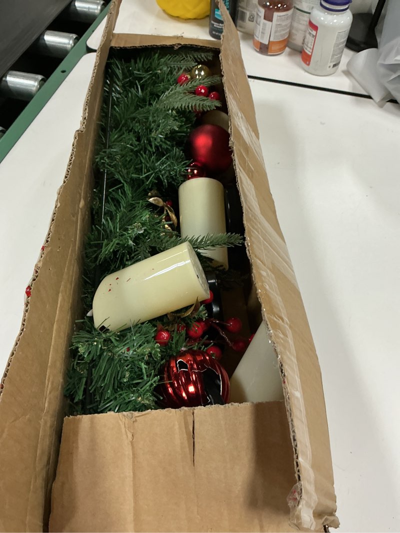 Condition photo showing As Is for Christmas Tabletop Centerpiece 30 Inch Christmas Poinsettia Candle Holder with 5 Candle Artificial Table Decorations with Red Berries Gold Plants(Red Ball)