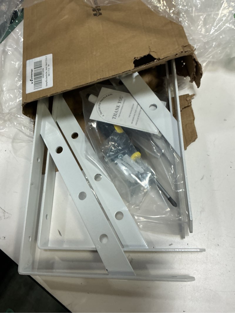 Condition photo showing As Is for shelf brackets heavy duty, 8 pack white 8 inch floating shelf bracket, max load 300 lbs of metal triangle decorative shelf support brackets for wall mount white*3mm thick 8 inch 8pack