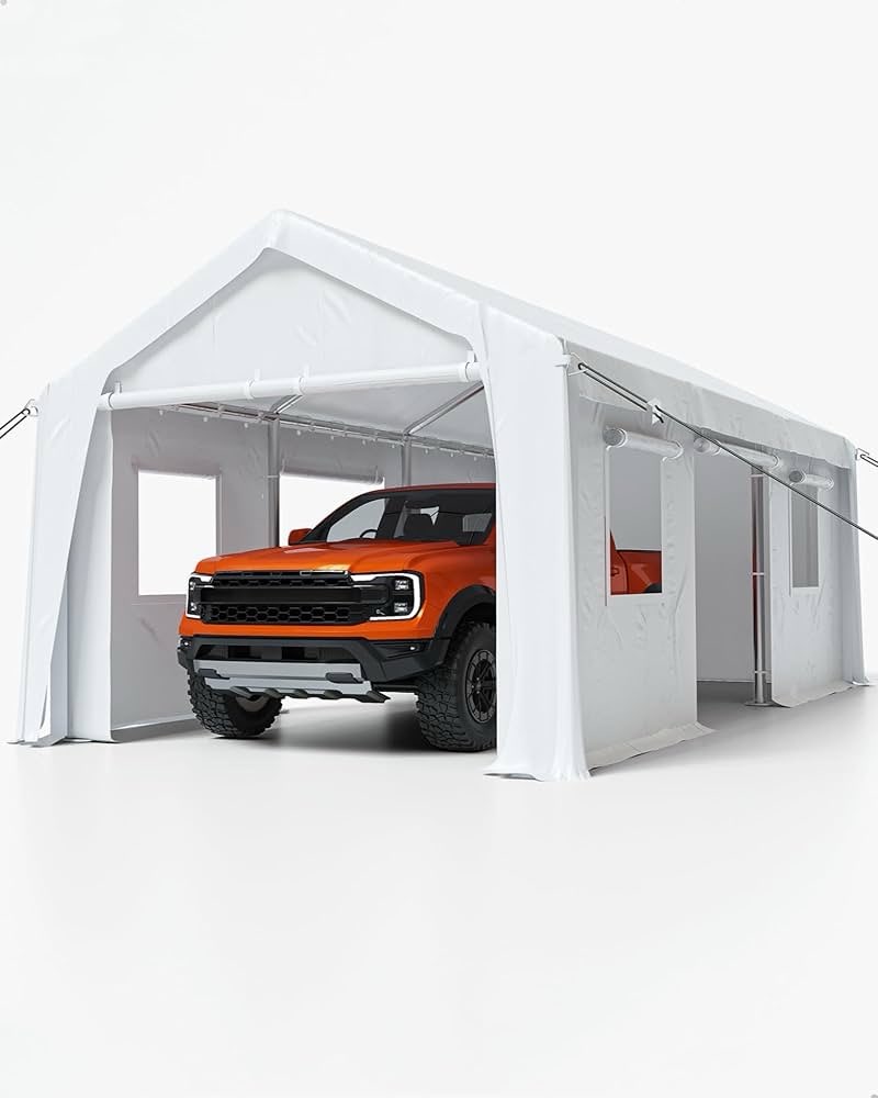DEXSO Carport 13'x20' Heavy Duty Portable Garage, 1.0 mm Steel Poles & 180 g PE Waterproof Canopy, w(2 boxes for pick up)