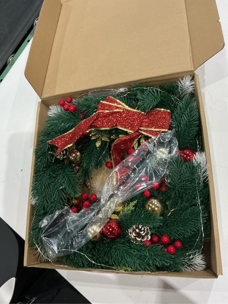 Condition photo showing New/Like New for christmas wreath with hanger, 20 inch artificial christmas wreath decorations wreaths with led lights pine needles pine cones berry clusters red bow ball ornaments for front door window fireplace