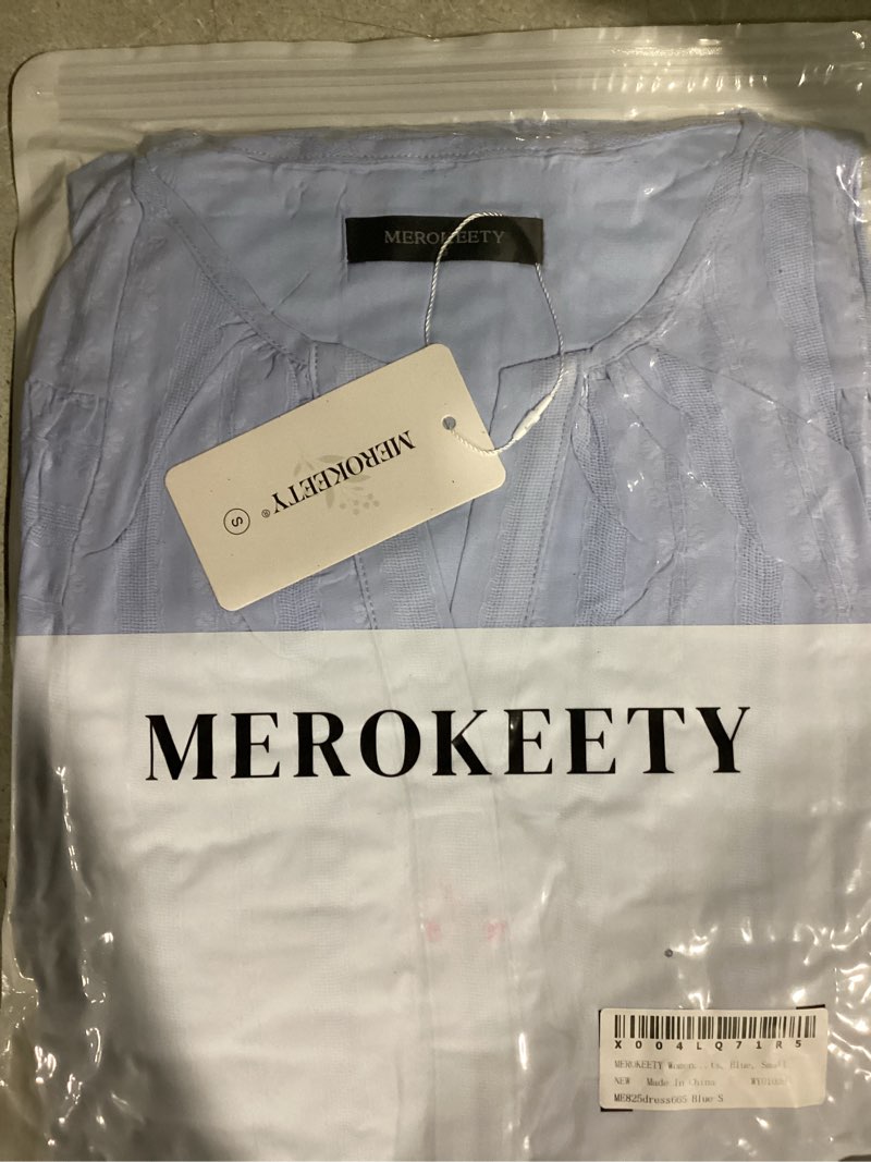 Condition photo showing Good Condition for MEROKEETY Women's 2026 Summer Flowy Midi Maxi Dress Short Sleeve Square Neck Smocked Tiered Ruffle Boho Dresses with Pockets Blue Large