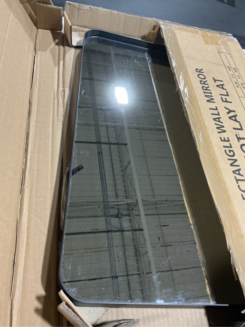 Condition photo showing As Is for VocalStar Black Metal Framed Bathroom Mirror for Wall, 16 x 24 Inch Rounded Rectangle Matte Black Bathroom Vanity Mirror Farmhouse, 1/4-inch Shatterproof Glass | Ultra-Flush Hanging Black 24"L x 16"W