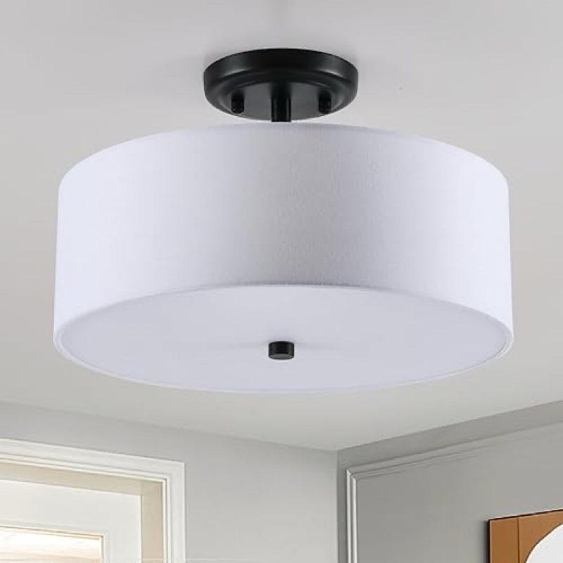 13.8 INCH SEMI FLUSH MOUNT CEILING LIGHT FIXTURE, 3-LIGHT MODERN FARMHOUSE DRUM PENDANT WITH FABRIC SHADE FOR BEDROOM HALLWAY ENTRYWAY LIVING ROOM (OATMEAL PINCH PLEATED+BLACK)