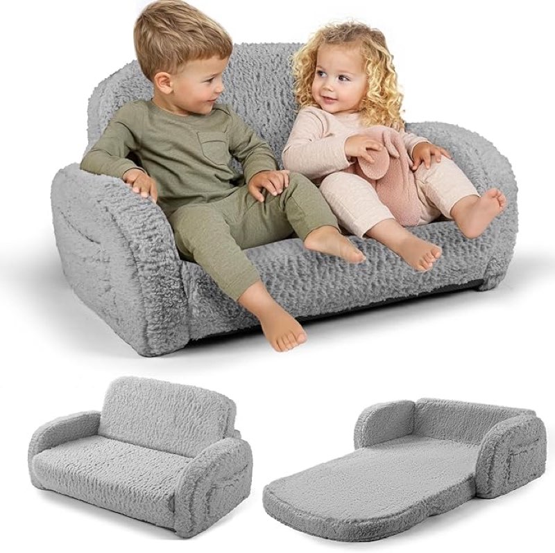 2-in-1 Sherpa Fold Out Kids Couch, Extra Wide Comfy Toddler Chair, Convertible Kids Sofa to Lounger,