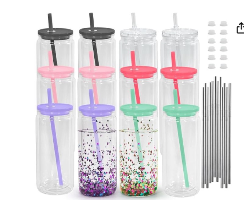 12 pack 20oz acrylic snowglobe tumbler, pre-drilled double wall plastic clear cup, plastic mason jar with lids and straw, reusable clear beer can for snow globe glitter diy
