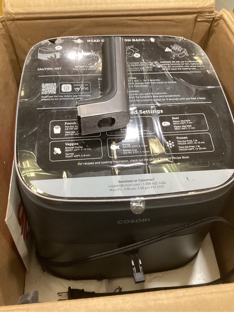 Condition photo showing As Is for cosori 9-in-1 turboblaze air fryer 6 qt, premium ceramic coating, 90°–450°f, precise heating for even results, air fry, roast, bake, broil, dry, frozen, proof, reheat, keep warm, 120v, dark gray dark gray 6qt air fryer