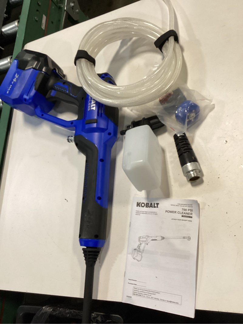 Condition photo showing As Is for kobalt 700-psi 0.8-gpm cold water battery outdoor power cleaner with 1 spray tips