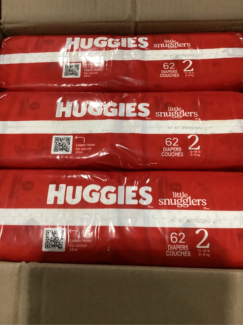 Condition photo showing New/Like New for Huggies Size 2 Diapers, Little Snugglers Baby Diapers, Size 2 (12-18 lbs), 186 Count (3 Packs of 62), Packaging May Vary