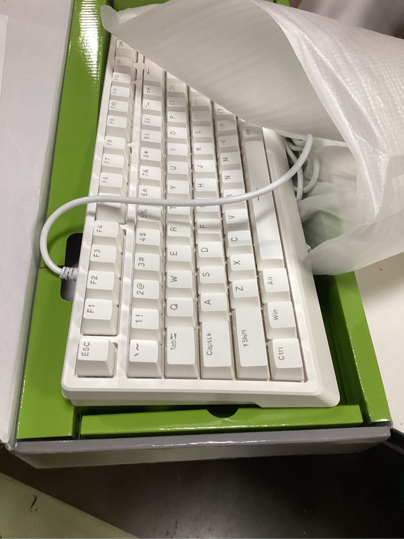 Condition photo showing Good Condition for huo ji mechanical gaming keyboard wired, 17 led backlit modes, liner red switch, volume knob, anti-ghosting, double-shot shine through keycaps, 96% light up keyboard for pc mac white
