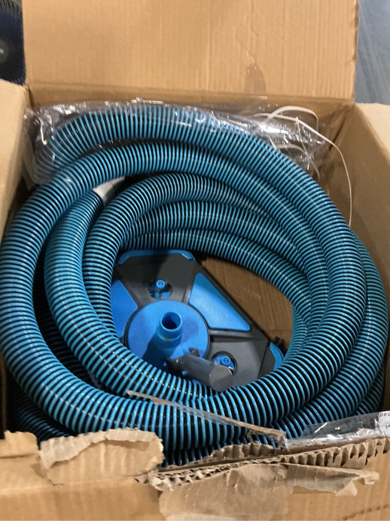 Condition photo showing As Is for uirway upgrade pool vacuum head with side brush & 360° swivel cuff, heavy duty manual kink-resistant 1-1/2" x 30 ft vacuum hoses, weighted triangular shape for inground & above ground pool(no pole) 30ft hoses blue