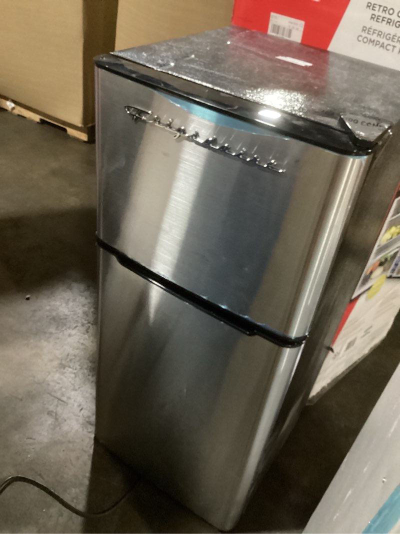 Condition photo showing As Is for Frigidaire EFR451 2 Door Refrigerator/Freezer, 4.6 cu ft, Platinum Series, Stainless Steel, Double