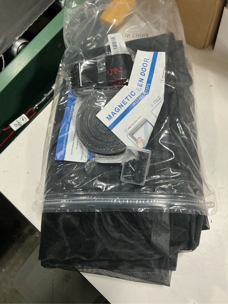 Condition photo showing Good Condition for magnetic screen door mesh left right side opening upgraded pet material mesh stronger than fiberglass and polyester,keep bugs out,pet & kid friendly fit door size 80"x96",screen size 82''x98'' black screen size 82×98 inch