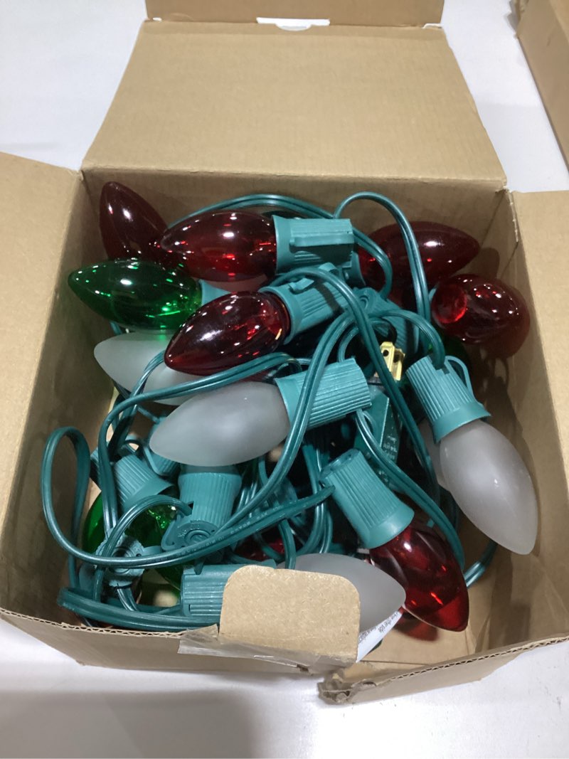 Condition photo showing As Is for C9 Red White and Green Christmas Lights Outdoor, 25FT Vintage Christmas Tree Light with 26 C9 Clear Multicolor Bulbs, Hanging Outdoor Christmas Lights for Holiday Roofline Patio Garden Party Decor C9 Incandescent Clear Red/White/Green