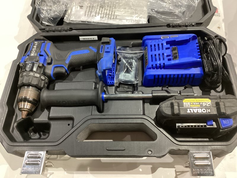 Condition photo showing As Is for kobalt xtr 24-volt 1/2-in keyless brushless cordless drill ( 1 -batteries included, and charger