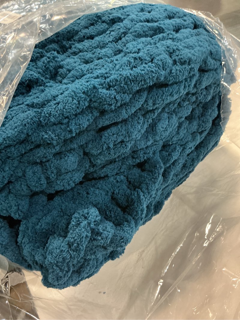 Condition photo showing As Is for Negwoo Chunky Knit Throw Blanket, 60''*80'' Knitted Throw Chenille Yarn for Bed Couch, Handmade Peac