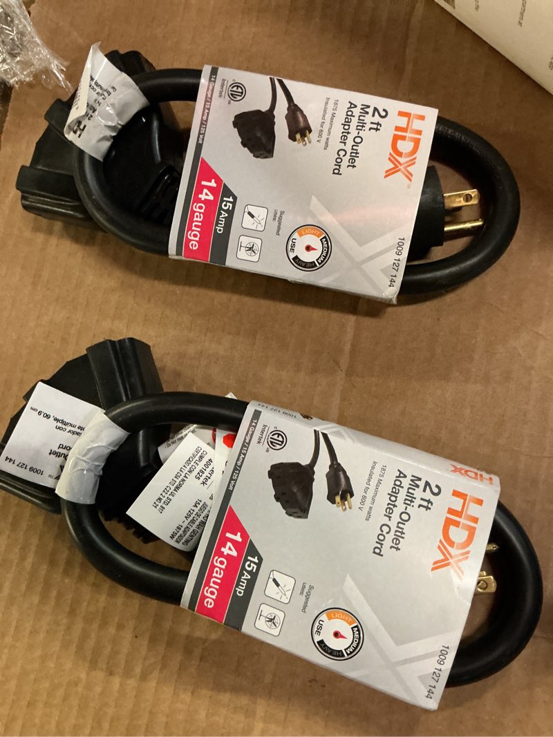 Condition photo showing Good Condition for 2 ft. 14/3 medium duty indoor/outdoor adaptor cord with multiple outlet triple tap end, black 2 pcs