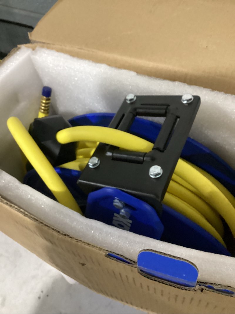 Condition photo showing As Is for kobalt retractable hose reel with 3/8-in x 50-ft hybrid hose