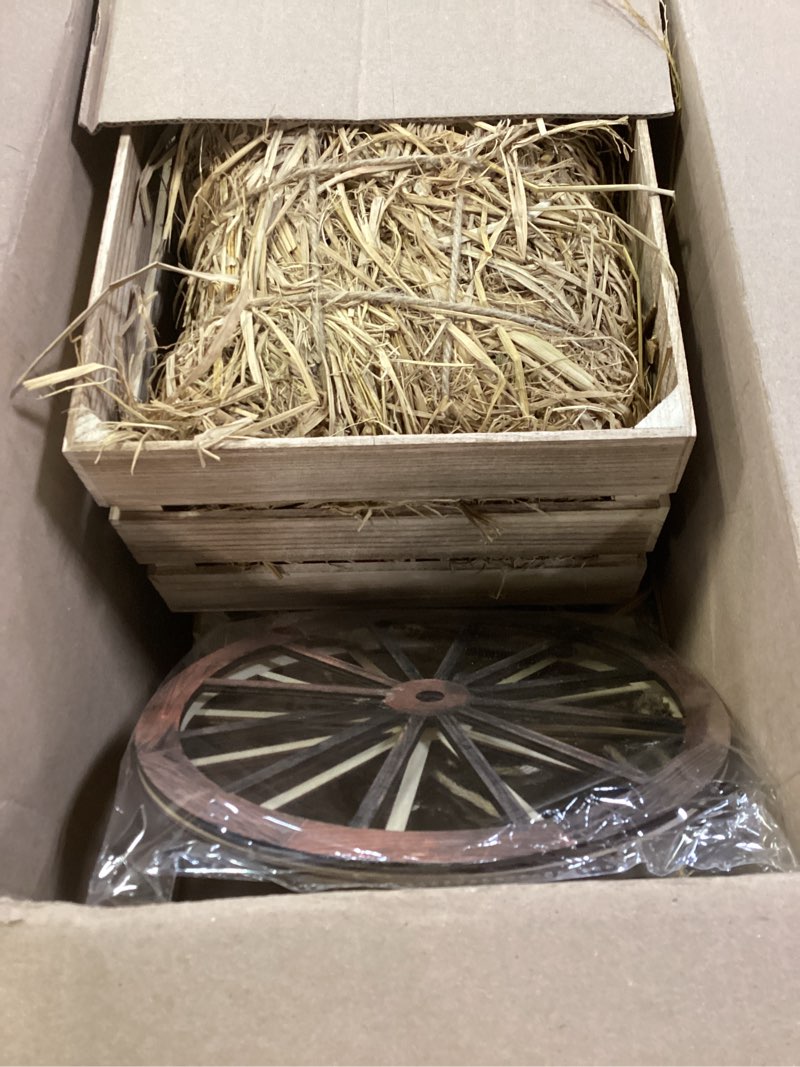 Condition photo showing Good Condition for 6 pack 13 x 9 x 6 inch straw hay bale stack decoration set rustic wooden wagon wheel natural hay bales boxes for western cowboy photo booth props birthday farm accessories