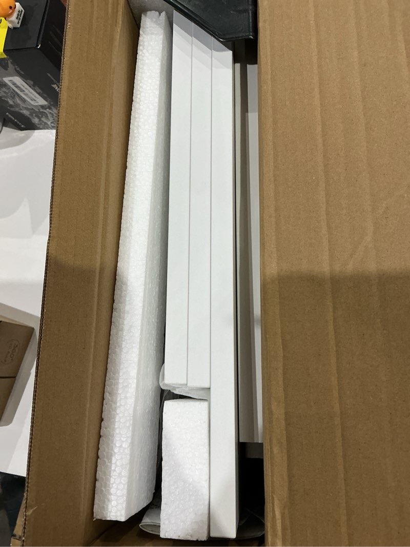 Condition photo showing As Is for yaohuoo dual monitor stand riser, 39inch large monitor stands for 2 monitors, computer monitor stand, wooden desktop oraganizer shelf for office desk computer,laptop,tv white