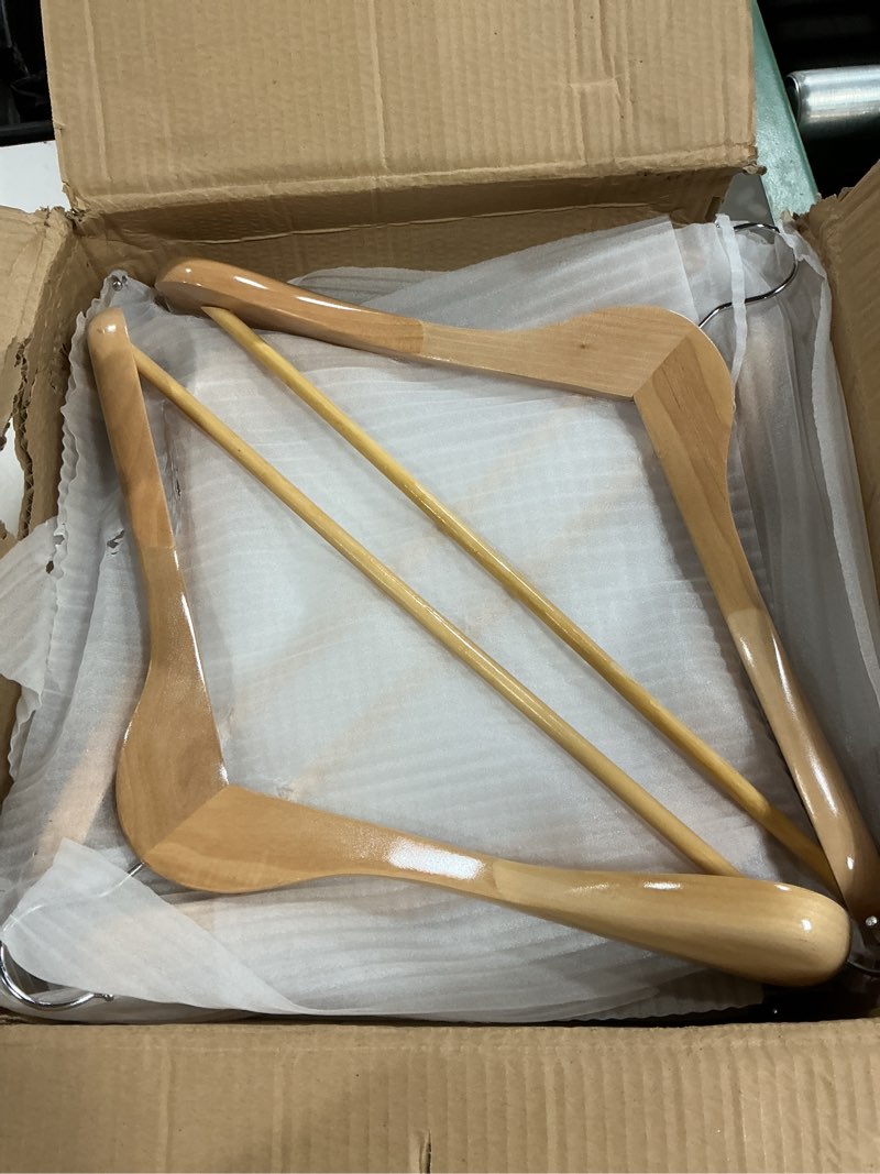 Condition photo showing New/Like New for 12 pack wide shoulder wooden hangers, suit hangers with non slip pants bar, smooth finish 360° swivel hook solid wood coat hangers for dress, jacket, pants, heavy clothes hangers(natural 12pcs) 12pcs natural