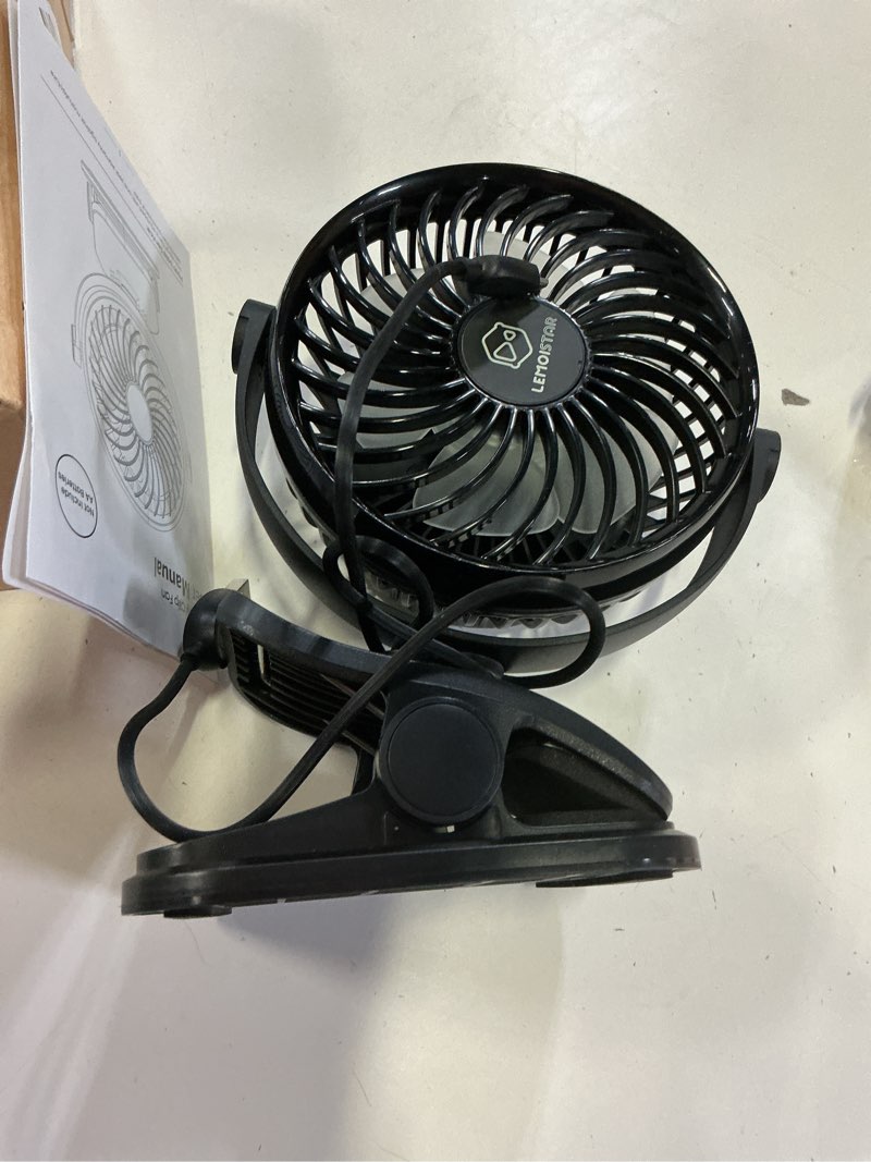 Condition photo showing As Is for shinebella aa battery powered clip on fan with 4-speed, 5’’ small desk fan with aroma function, usb powered, 360°rotation, ultra quiet, for golf cart, stroller, bedroom,car(batteries not included)