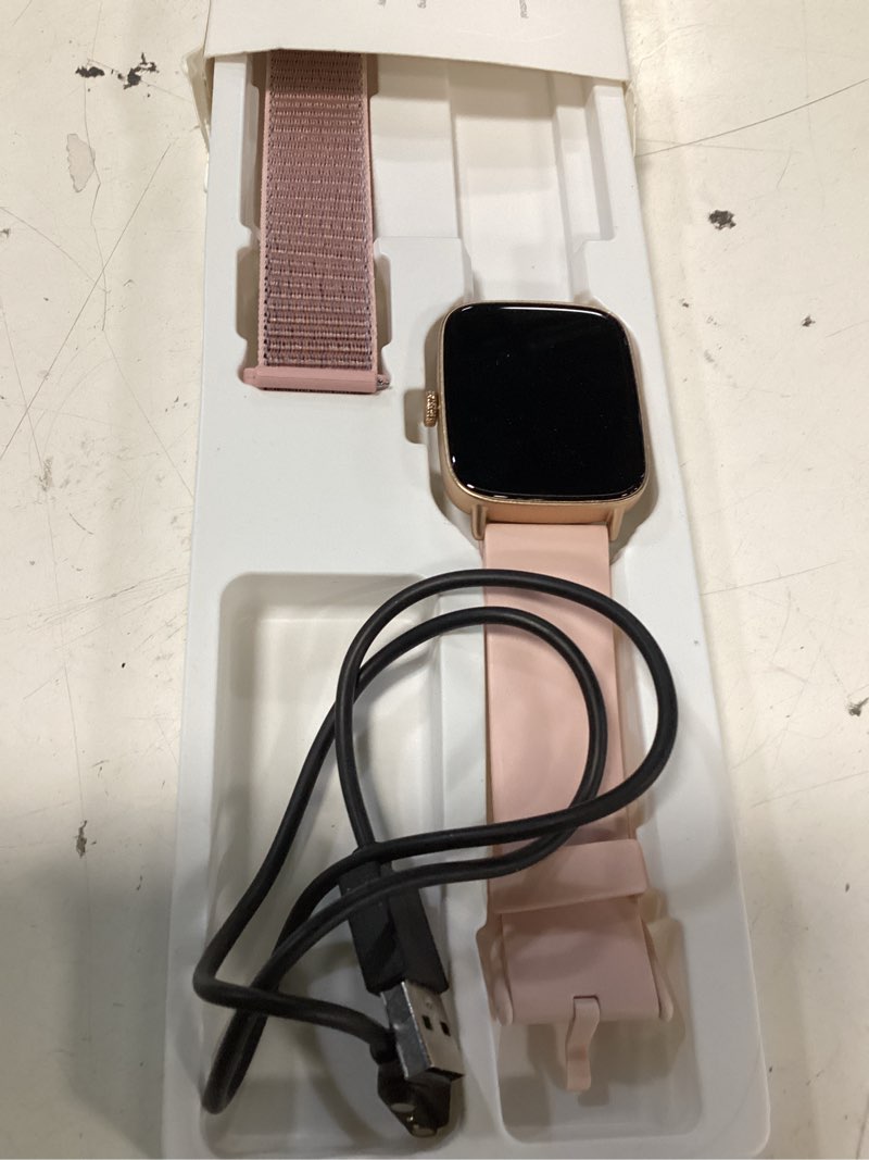 Condition photo showing Good Condition for smart watch for women, 1.85" hd amoled fitness tracker (answer/call) with 24/7 heart rate/sleep/spo2 monitor for iphone & android, 120+ sports modes smartwatch with ip68 waterproof, 2 bands rose gold 1.85