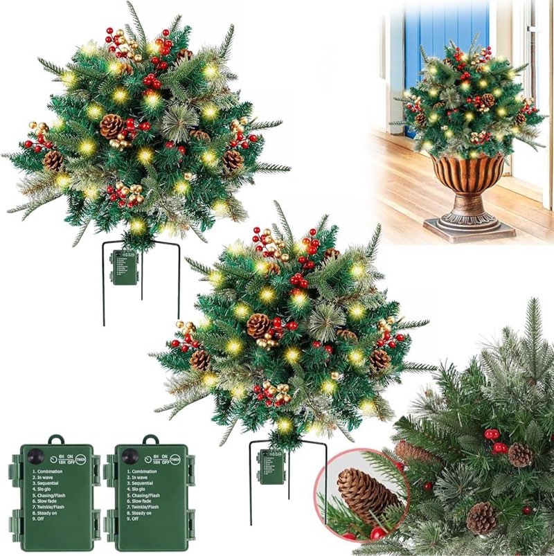 Christmas Planter Filler with Lights, Pre-Lit Faux Holiday Planters Battery Operated Christmas Pot F