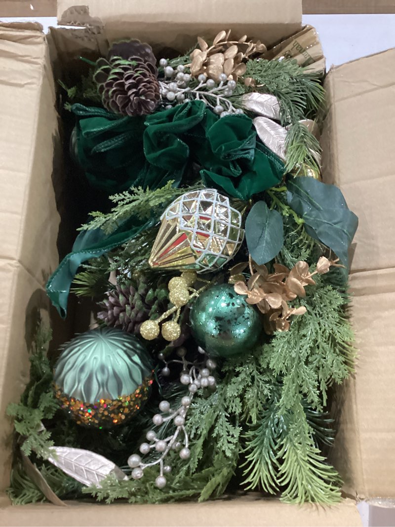 Condition photo showing New/Like New for DecorbyHannah 24" Pre-Lit Christmas Wreath for Front Door with Lights, Large Green Gold Lighted Christmas Wreaths for Window with Bow Ornaments, Battery Operated Outdoor Winter Xmas Wreath Decor