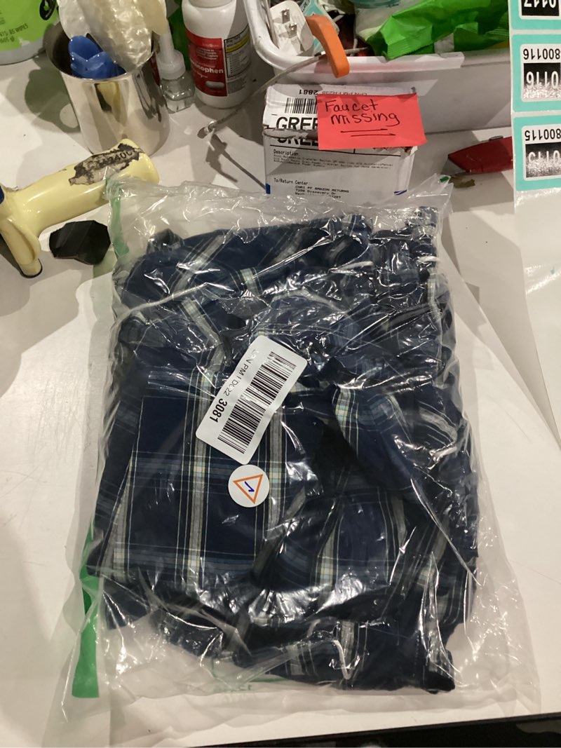 Condition photo showing As Is for Vulcanodon Mens Cotton Pajama Set, Button Down Woven Pajama Set for Men Plaid Men's Sleepwear Large A01 Dark Blue Plaid