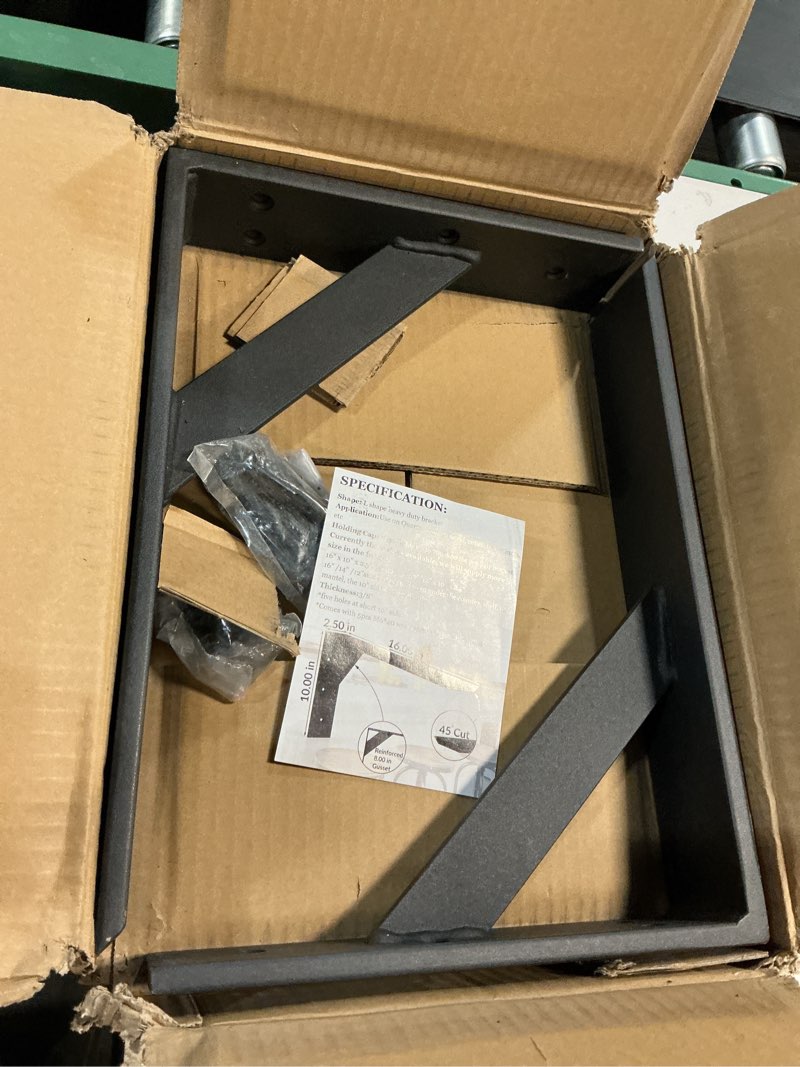 Condition photo showing As Is for heavy duty shelf brackets 2 pack 16" x 10" x 2.5" black steel 3/8" thick countertop support mantel l bracket for wood granite quartz countertop 16"x10"x2.5" black-2 pack