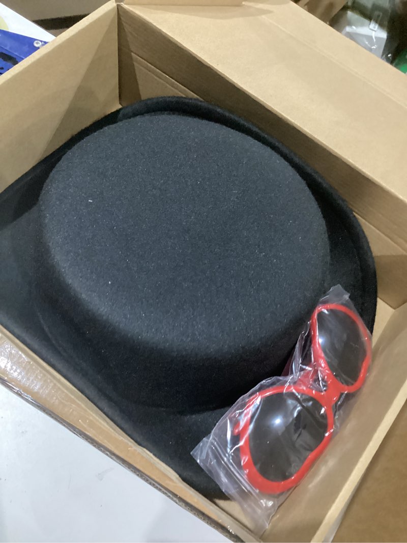 Condition photo showing As Is for Black Fedora Hats Red Heart Sunglasses Costume for Women and Men, Fashion Flat Wide Brim Round Hats Adult