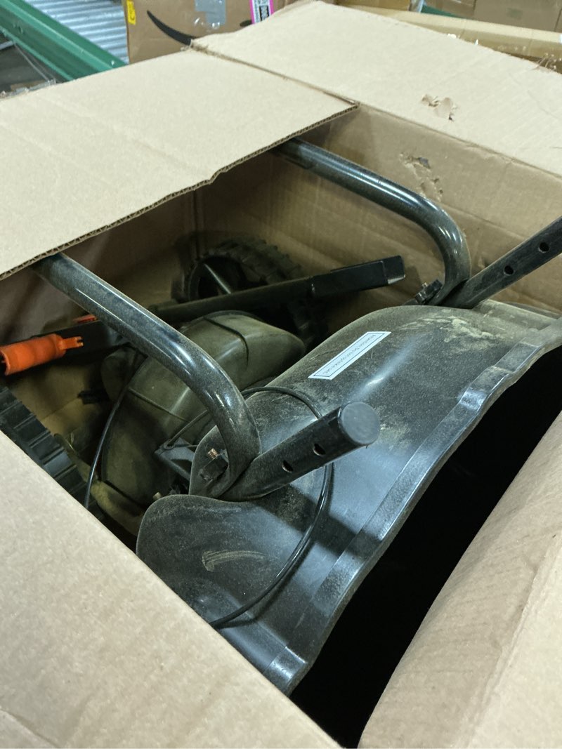 Condition photo showing As Is for vevor broadcast spreader, 9.8ft spreading width, push broadcast spreader with 10" all-terrain tires, adjustable flow control, 15lbs capacity hopper, lawn spreaders for fertilizer seed small home use 15lb black