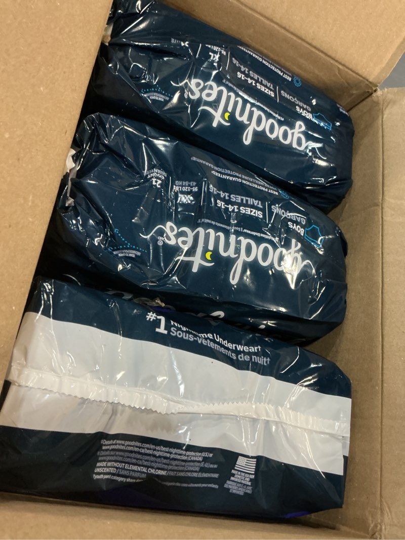 Condition photo showing New/Like New for Goodnites Boys' Nighttime Bedwetting Underwear, Size Extra Large (95-120 lbs), 63 Ct (3 Packs of 21), Packaging May Vary X-Large 63