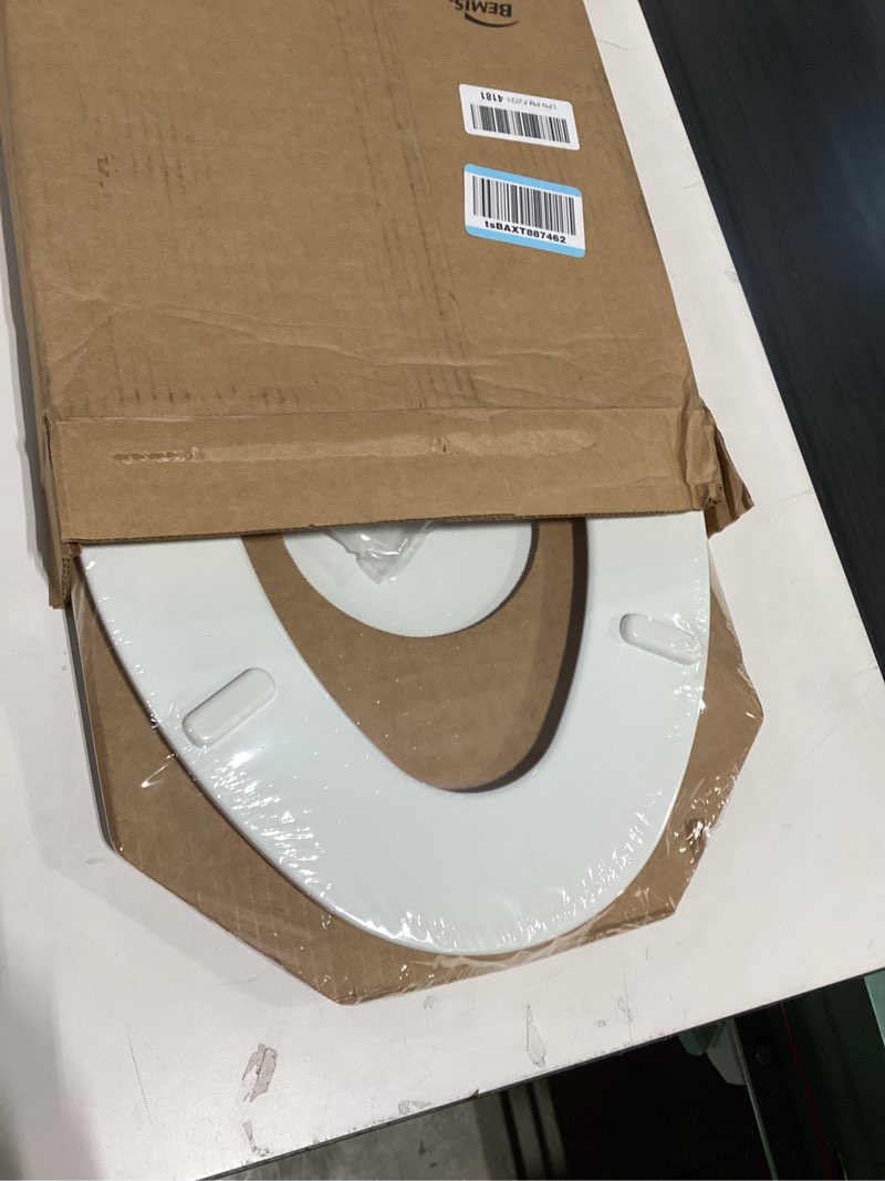 Condition photo showing New/Like New for mayfair linden slow close toilet seat, non slip heavy duty wood, easy install, elongated, white elongated traditional hinge