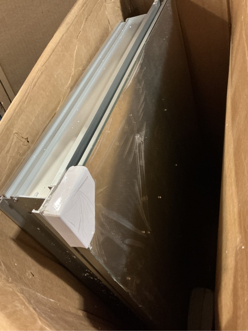 Condition photo showing As Is for kohler verdera 20 in. w x 30 in. h surface-mount lighted medicine cabinet anodized aluminum lighted 20" w x 30" h