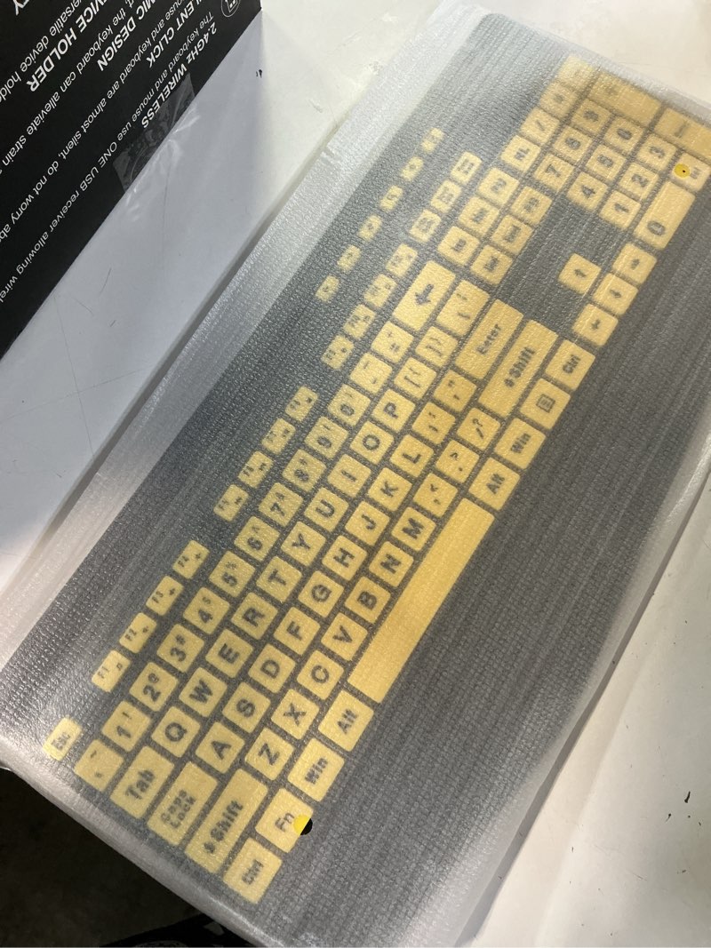 Condition photo showing New/Like New for wireless keyboard and mouse combo - large print ergonomic keyboard with wrist rest, phone holder, sleep mode, silent 2.4ghz keyboard mouse set for computer, laptop, pc, mac, windows - trueque 1 pack yellow