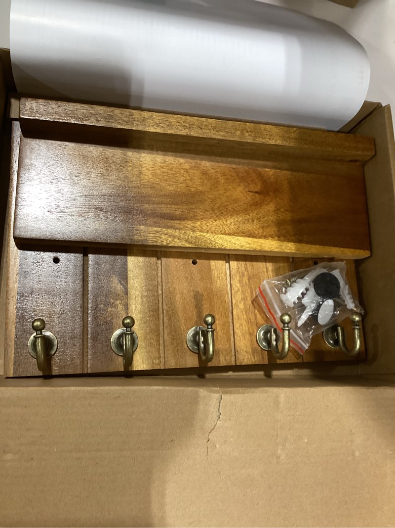 Condition photo showing New/Like New for Rebee Vision Acacia Wood Key Holder Wall Mount – Farmhouse Key Holder for Wall & Mail Organizer with Shelf for Home Decor – Ideal for Apartment Essentials (Acacia Wood, 3.54" x 10" x 7.28") Acacia Wood 10 Inch
