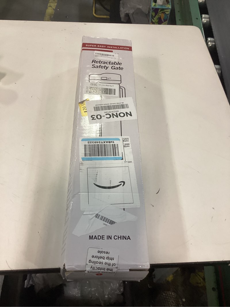 Condition photo showing As Is for 118 Inch Extra Wide Retractable Baby Gate,Mesh Large Baby Gate or Mesh Pet Dog Gate, Opening Wide Extra Long Child Safety Gate for Indoor Baby Fence, Outdoor, Stairs, Deck (White) White 33x118 Inch