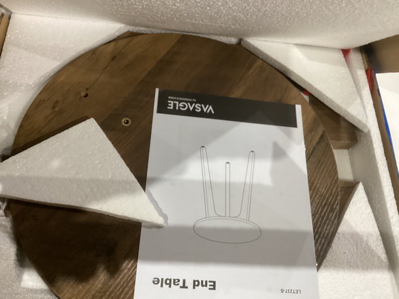 Condition photo showing As Is for VASAGLE MAEZO Collection - Small Side Table, Round End Table, Nightstand with Tapered Legs, Curved Transitions, for Small Spaces, Living Room, Bedroom, Honey Brown ULET237KB01S Honey Brown without Charging Station