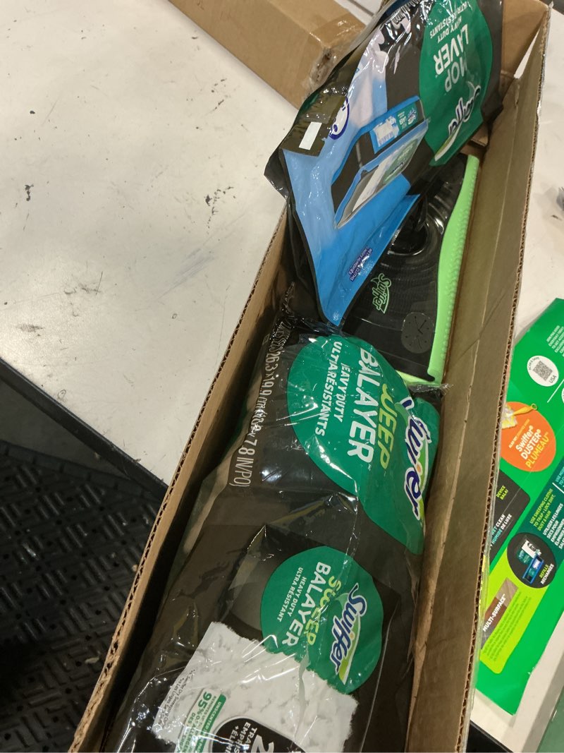Condition photo showing Good Condition for swiffer sweep & mop deluxe 2-in-1 multi-surface kit for floor cleaning, includes 1 sweeper device, 5 dry sweeping + 6 wet mopping heavy duty cloths, black