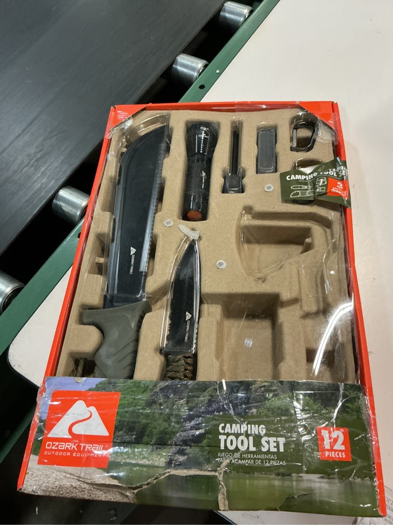 Condition photo showing As Is for ozark trail 12 pack camping tool set with flashlight  machete  knife
