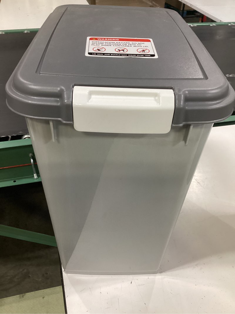 Condition photo showing As Is for iris usa dog food storage container, 30 lbs & 11 lbs combo, cat food storage container, dog treat container, airtight, stackable, 2-cup scoop, wheels, easy mobility, gray gray/dark gray